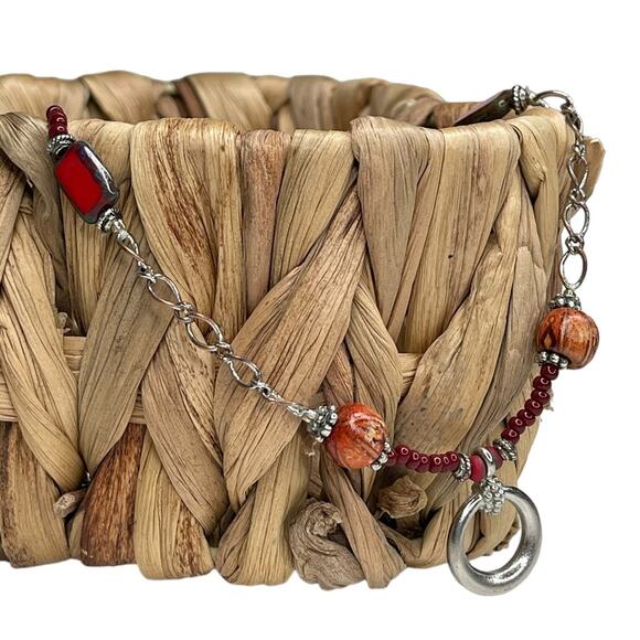 Vintage Chain and Beaded Necklace Silver Tone Red and Wooden Beads - Picture 9 of 9